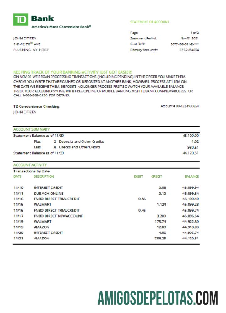 Modelo de extrato bancário TD dos EUA para impressão em formato de arquivo .xls e .pdf